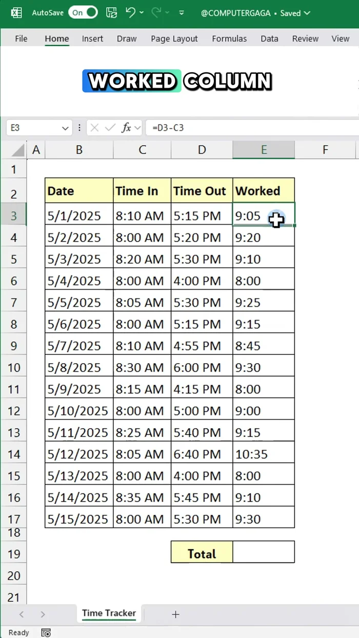 Evidenzia la colonna con le ore lavorate e premi Alt+= per ottenere il totale.