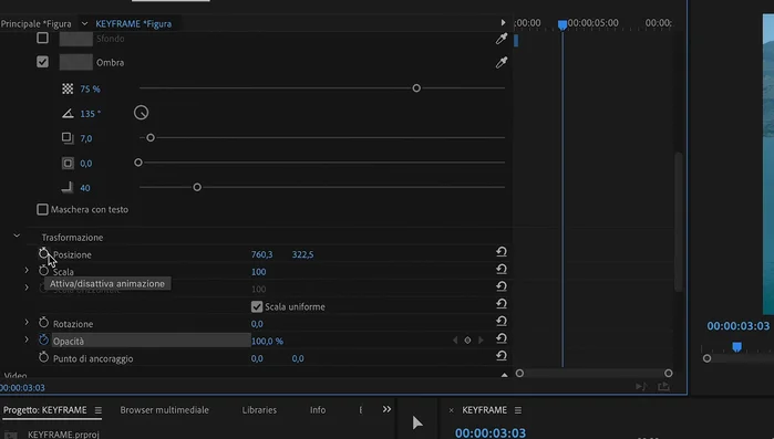 Per animare la posizione, la scala o la rotazione del testo, aggiungere keyframe per questi parametri e modificarne i valori nel tempo.