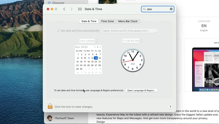 Vai su Preferenze di Sistema > Data e ora. Sblocca le impostazioni, inserisci la password e seleziona "Imposta data e ora automaticamente". Seleziona anche la tua regione e il fuso orario.