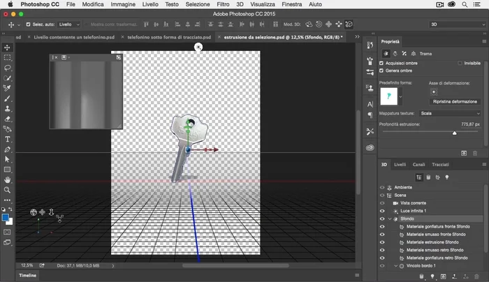 Modifica la profondità di estrusione nel pannello delle proprietà.