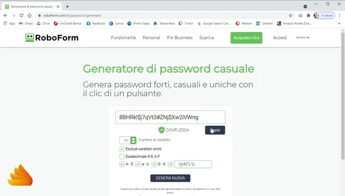 Incollare la password nel blocco note o in un gestore di password (es. Roboform, come menzionato nel video).