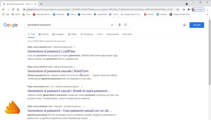 Selezionare un generatore di password online affidabile (l'esempio nel video usa un generatore non più disponibile, ma il principio è lo stesso).