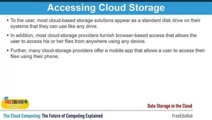 Accesso all'archiviazione cloud: tramite interfaccia web (browser), applicazioni desktop e applicazioni mobile. Analogia con unità disco standard.