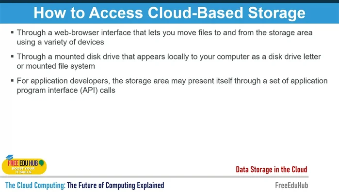 Accesso all'archiviazione cloud: tramite interfaccia web, applicazioni desktop e mobile. Importanza delle API per gli sviluppatori.