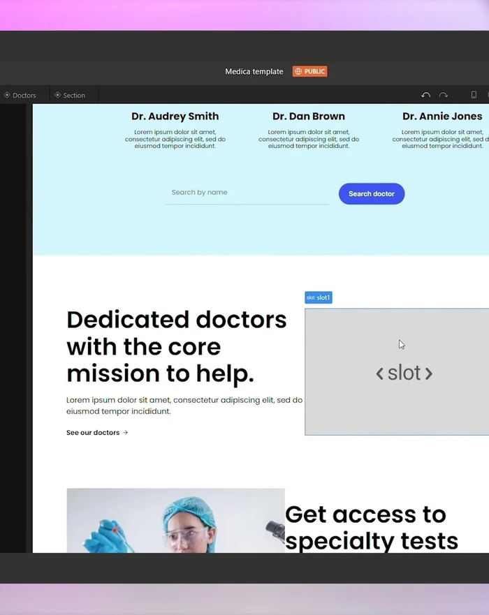 Aggiungi elementi all'interno dello slot (video, codice, immagine, altri componenti).