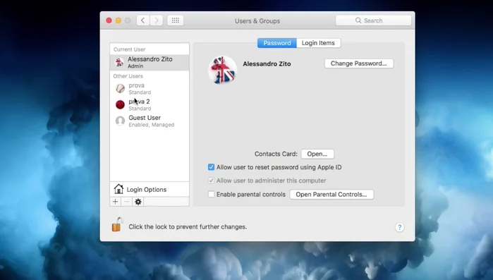 Per eliminare un account, cliccare sul pulsante "-", selezionare se salvare i dati o eliminarli, e confermare.