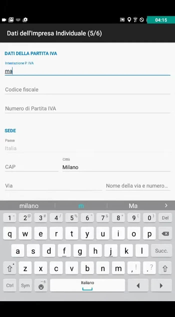 Inserisci i dati della tua partita IVA, codice fiscale, indirizzo e altre informazioni fiscali.