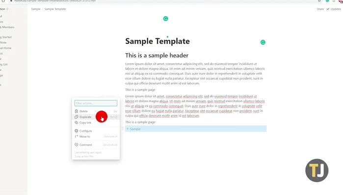 Per utilizzare il modello su altre pagine, duplica il pulsante modello usando l'icona a sei punti e l'opzione 'Duplica'. Trascina il duplicato nella nuova pagina o usa l'opzione 'Sposta in'.
