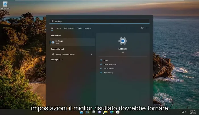 Selezionare "Impostazioni" dal risultato migliore.