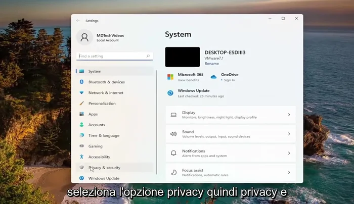 Selezionare "Privacy e sicurezza" nel menu di sinistra.