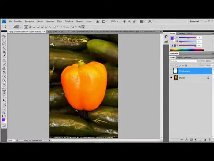 Creare il tracciato intorno all'oggetto (es. peperone) cliccando punti successivi senza rilasciare il mouse. Utilizzare il tasto Alt per aggiungere o rimuovere punti di ancoraggio.