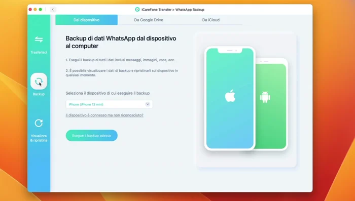 Seleziona il backup desiderato e clicca su 'Esegui il backup'.