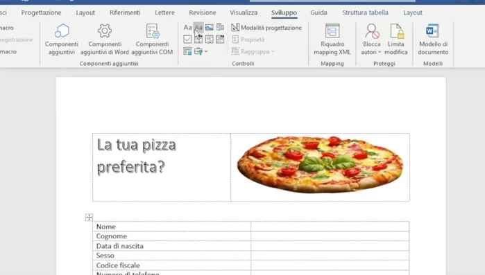 Inserire i campi di testo (Nome, Cognome, Data di Nascita, ecc.) utilizzando il controllo 'Contenuto Testo Normale'. Personalizzare i campi con titolo e tag (per integrazione con database).