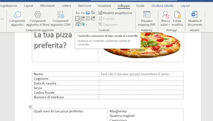 Inserire le caselle di controllo (checkbox) usando il controllo 'Contenuto Tipo Casella di Controllo' per domande a scelta multipla.