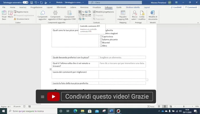 Inserire campi di testo formattato (Rich Text Format - RTF) usando il controllo 'Contenuto RTF' per permettere all'utente di formattare il testo (grassetto, corsivo, ecc.).