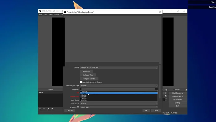 Scegli il formato video MJPEG in OBS Studio.