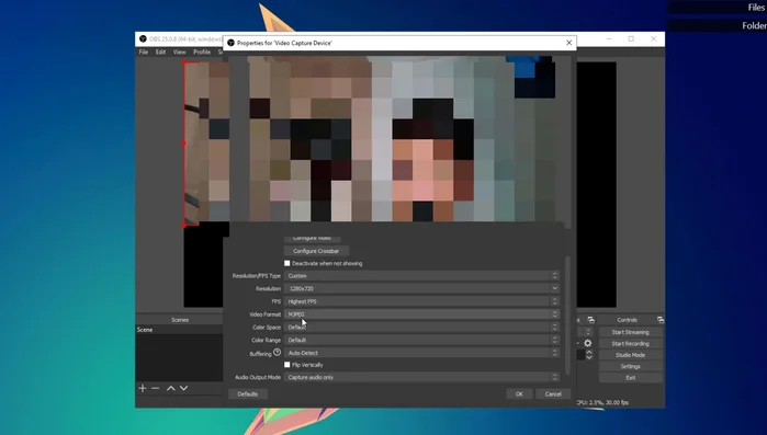 Scegli il formato video MJPEG in OBS Studio.