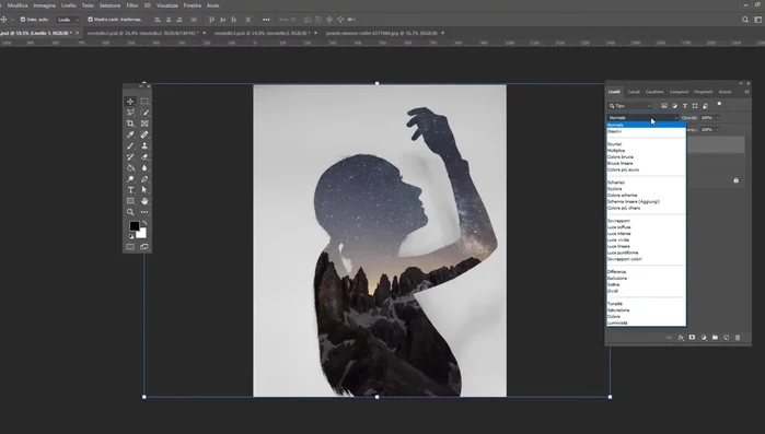 Sperimentare con i metodi di fusione nel pannello livelli per ottenere l'effetto desiderato. (es. 'Risolvi' per enfatizzare il contorno).