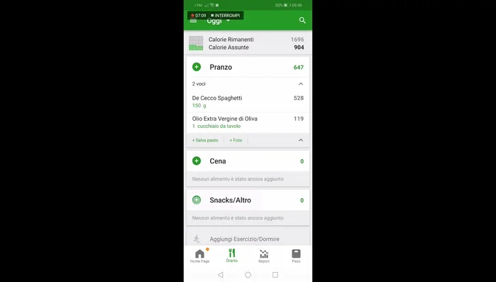 Registra tutti i pasti (colazione, pranzo, cena, snack) durante la giornata.
