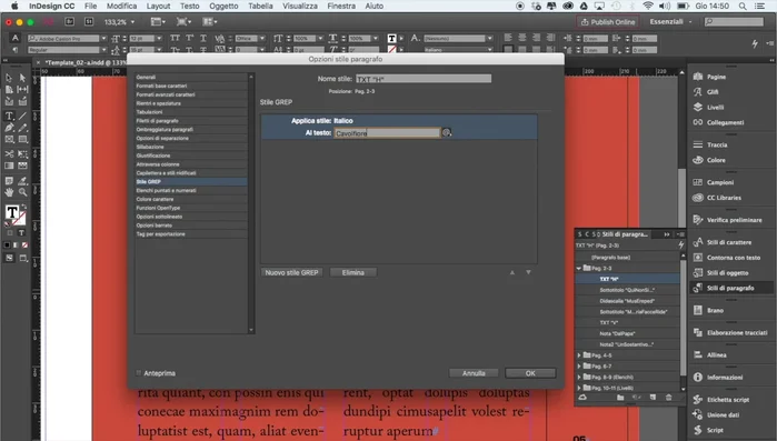 Creare un nuovo stile Grep e associarlo allo stile 'Italico' creato precedentemente.