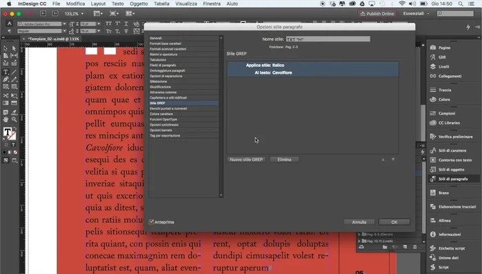 Creare un nuovo stile Grep e associarlo allo stile 'Italico' creato precedentemente.