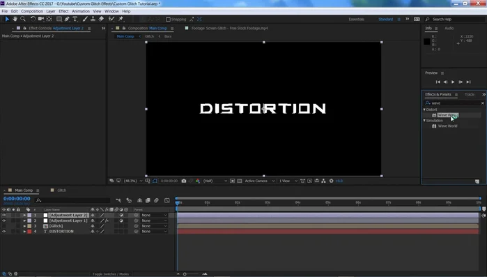Tagliare i livelli di regolazione ("Displace" e "Wave Warp") per creare un effetto glitch più casuale e intermittenti.