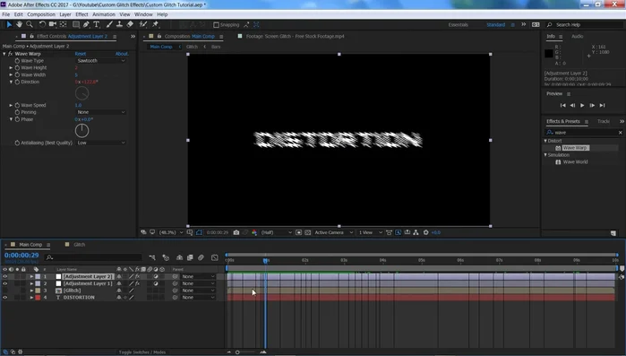 Tagliare i livelli di regolazione ("Displace" e "Wave Warp") per creare un effetto glitch più casuale e intermittenti.