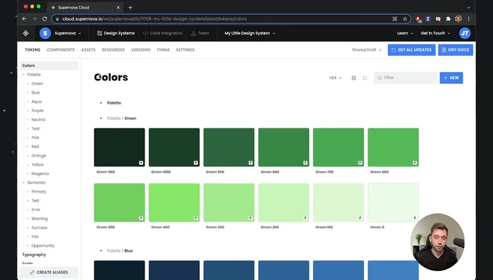 Creare nuovi token in Supernova, distinguendo tra quelli importati da Figma (che non possono essere modificati direttamente in Supernova) e quelli creati e gestiti direttamente in Supernova.