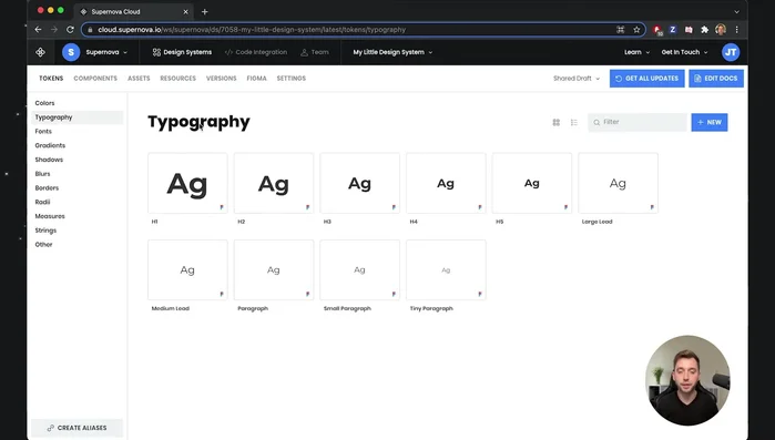 Definire le diverse categorie di token: Colori, Tipografie (con Font), Gradienti, Ombre, Sfocature, Bordi, Raggi, Misure, Stringhe (per la localizzazione) e 'Altro' (per tipi di dati personalizzati).