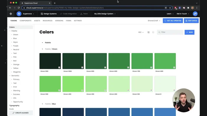 Importare il sistema di progettazione in Supernova (con colori, tipografie, componenti e risorse).