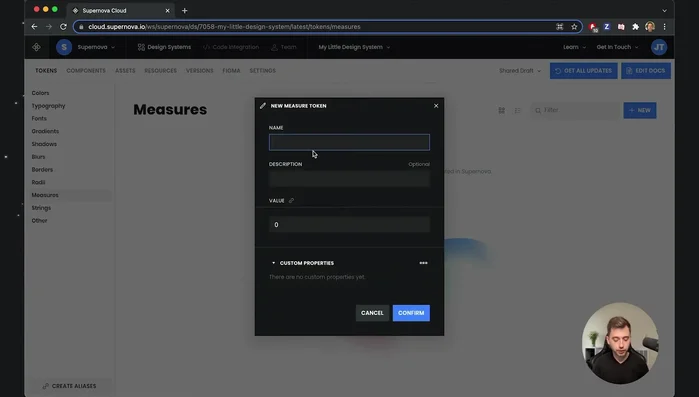 Creare un token 'Misura' (es. 'Spessore') per definire costanti di progettazione riutilizzabili. Organizzare questo token in un gruppo dedicato (es. 'Costanti' o 'Bordi').