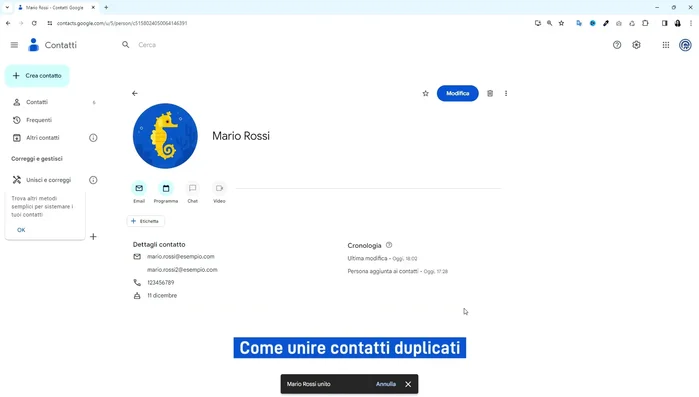 Cliccare su "Unisci" per unire i contatti duplicati. Google Contatti unirà automaticamente le informazioni dei contatti, prendendo i dati dal primo contatto creato e integrandoli con quelli del secondo.