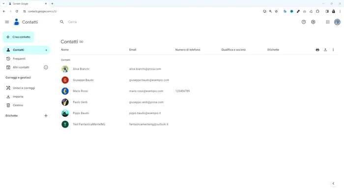 Creare un nuovo contatto con dati duplicati (es. Mario Rossi con email e dati diversi). Google Contatti segnalerà automaticamente la presenza di contatti duplicati.