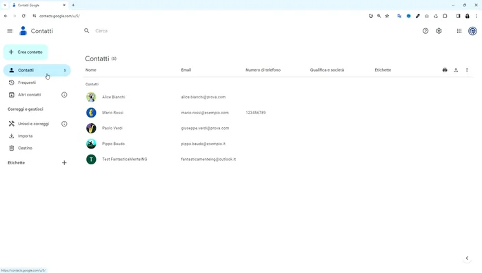 Cliccare sull'icona dei tre puntini verticali e selezionare "Elimina". I contatti vengono spostati nel cestino per 30 giorni.