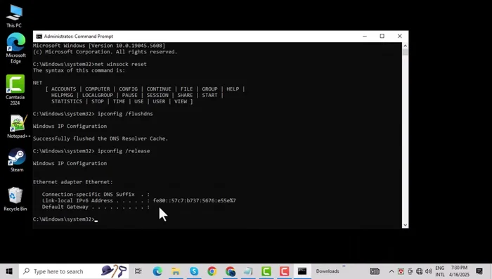 Digita `ipconfig /renew` e premi Invio.