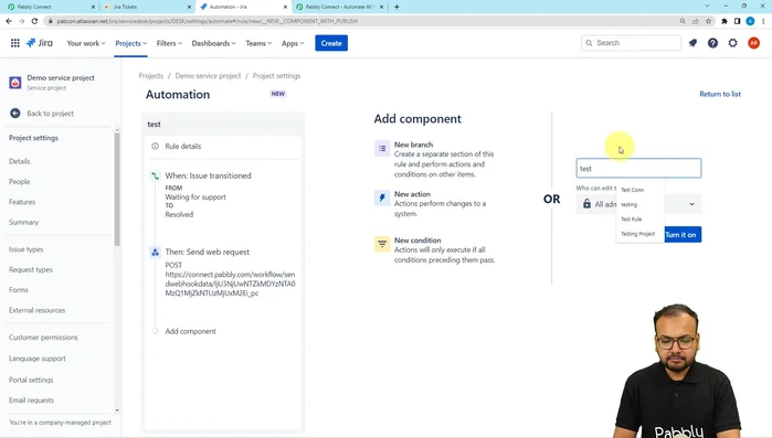 Salvataggio e attivazione dell'automazione in Jira e Parallel Connect.