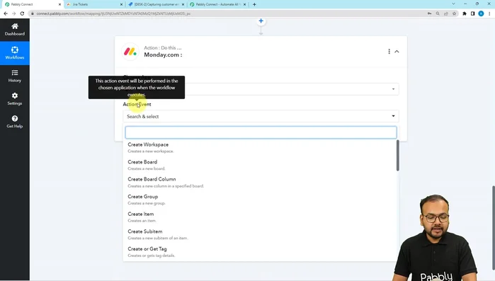 Configurazione dell'azione su Monday.com in Parallel Connect: Utilizzare l'azione "Cerca elementi per valore di colonna" per verificare se l'elemento della bacheca corrispondente al problema risolto in Jira esiste già. Usare il riepilogo del problema come valore di colonna da cercare.
