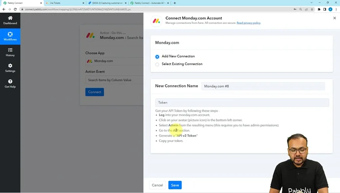 Connessione a Monday.com: Ottenere la chiave API da Monday.com e connettersi a Parallel Connect.