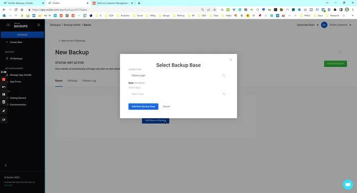 Aggiungi le basi Airtable al progetto di backup: clicca su "Aggiungi base al backup", seleziona la connessione Airtable e scegli le basi da includere nel backup. Ripeti questo passaggio per ogni base che desideri includere.
