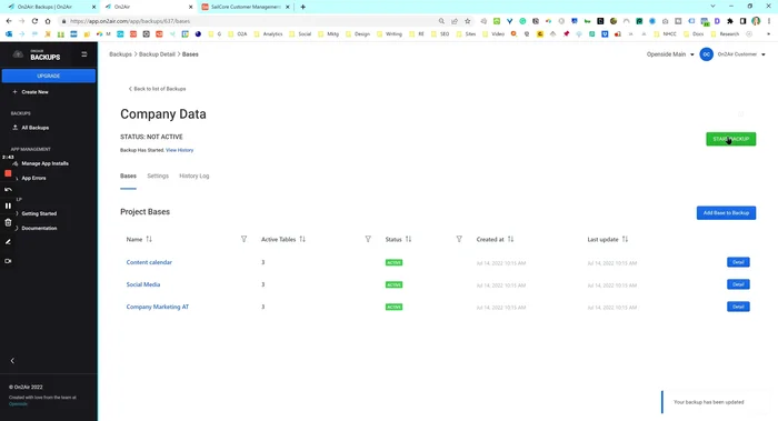 Avvia il backup cliccando su "Avvia backup".