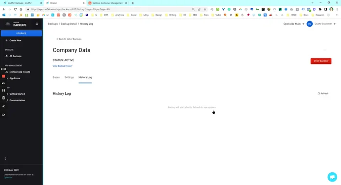 Monitora il progresso del backup nel registro cronologico.