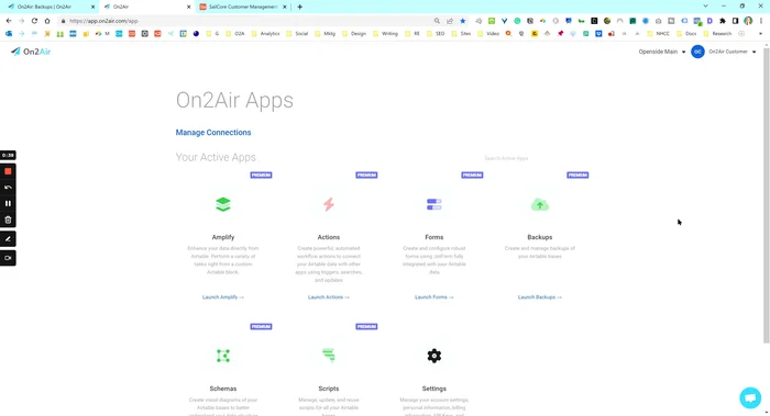 Gestisci le connessioni: collega il tuo archivio cloud (es. Google Drive, Dropbox) e il tuo account Airtable all'app web di Onto Air.