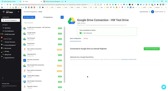 Gestisci le connessioni: collega il tuo archivio cloud (es. Google Drive, Dropbox) e il tuo account Airtable all'app web di Onto Air.