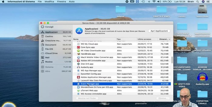 Selezionare l'app da disinstallare e cliccare su 'Elimina'.