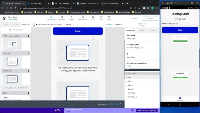 Incolla l'URL del tuo generatore di codici QR nel componente 'Web Viewer' oppure incolla direttamente il codice HTML.