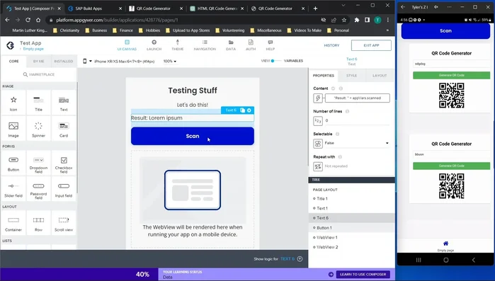 Collega il componente 'Scan QR Code' ad una variabile dell'app per visualizzare il risultato della scansione.