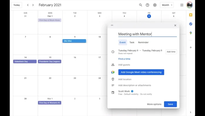 Inserisci il titolo dell'evento (es: "Riunione con il mentore"), l'orario e la durata.