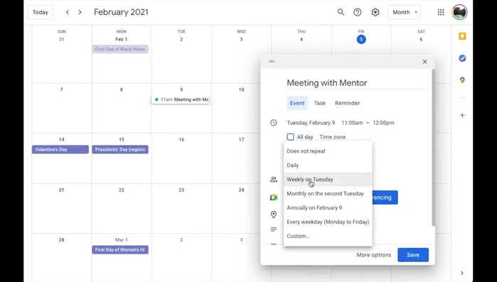 Seleziona la frequenza di ripetizione (es: "Settimanalmente", "Ogni martedì").