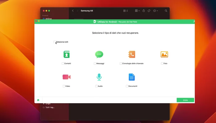 Scegli il tipo di file da recuperare (foto, video, contatti, ecc.).