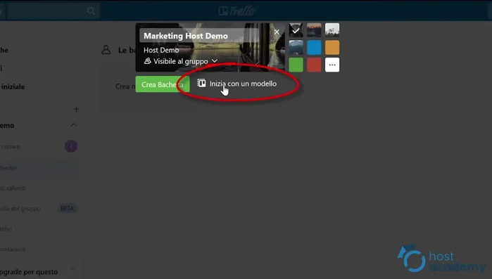 Creazione di una nuova bacheca: definire titolo, tipo di accesso (privato o pubblico), sfondo e aggiungere un'immagine o un colore.